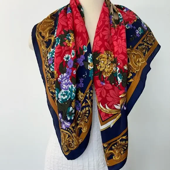 Silk Scarf Floral and Musical Instrument Print Navy Border